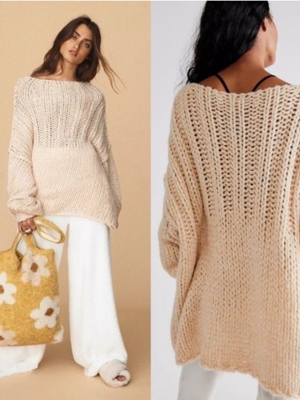 Free People Be There Chunky Knit Sweater Size Small Beige Oversized Neutral